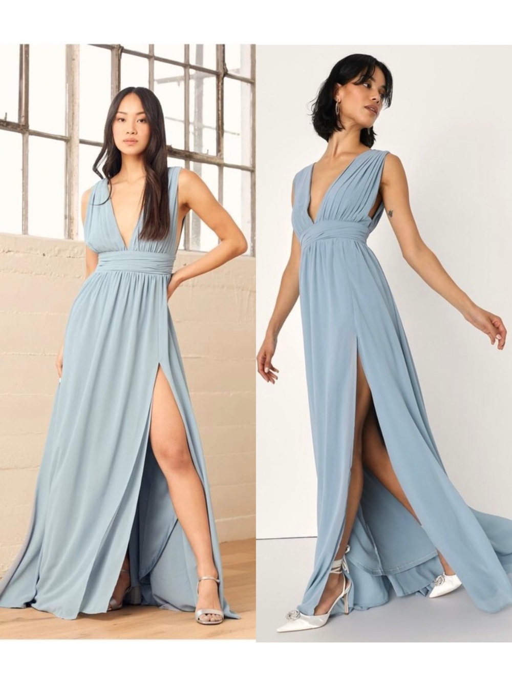 NWT LULUS Chiffon Plunge Neck Princesscore Wedding Guest Formal Goddess Gown S